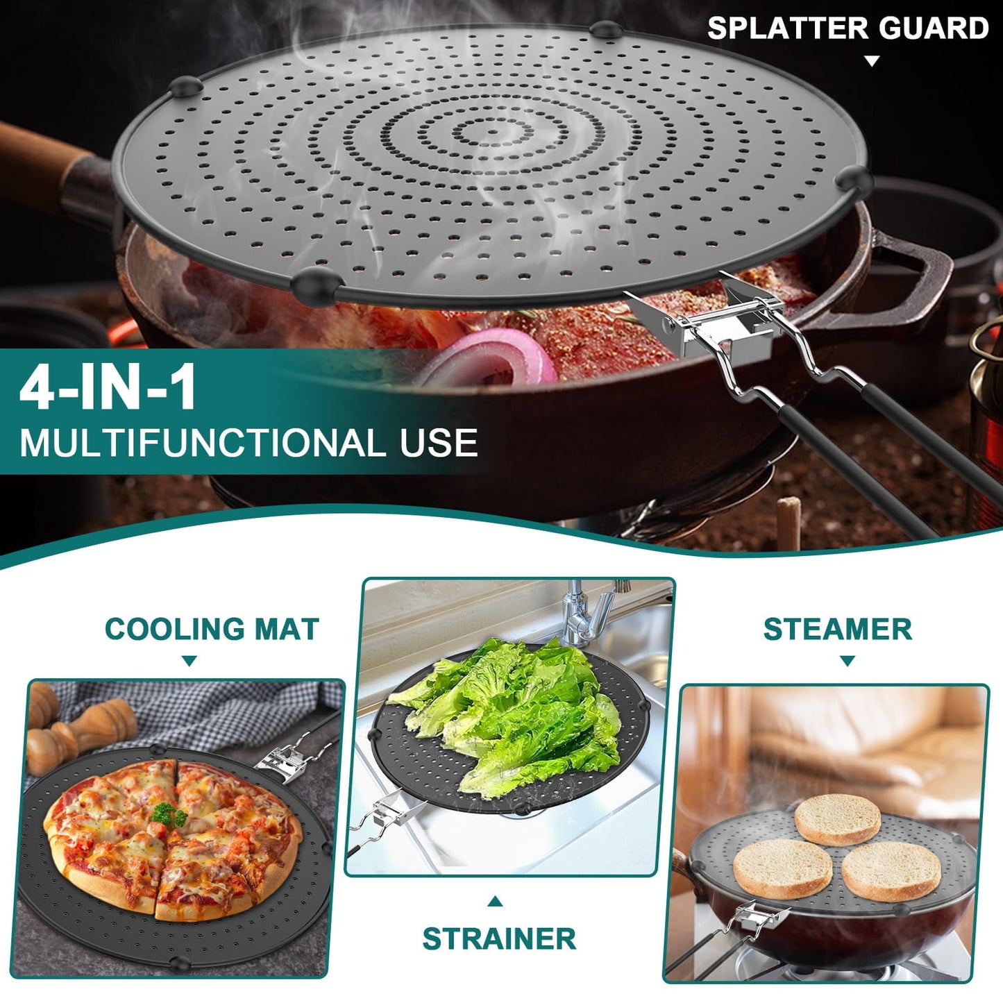 2Pcs Silicone Splatter Screen for Frying Pan , Foldable Grease Splatter Guard Suitable for 13” Pans, Sink Splash Guard , Multi-Function Kitchen Tool - Heat Resistant up to 562℉(Black)