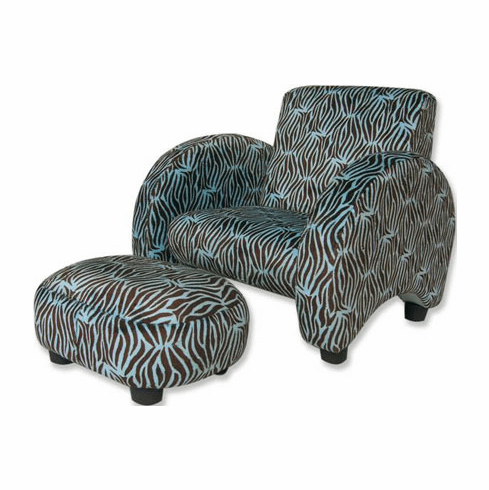 Blue Velour Zebra Mod Chair & Ottoman Free Shipping