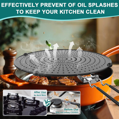 2Pcs Silicone Splatter Screen for Frying Pan , Foldable Grease Splatter Guard Suitable for 13” Pans, Sink Splash Guard , Multi-Function Kitchen Tool - Heat Resistant up to 562℉(Black)