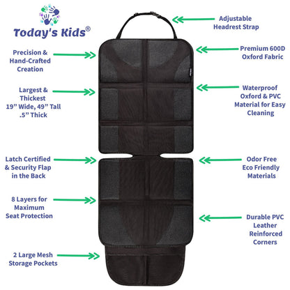 Todays Kids Car Seat Protector for Child Car Seat - Waterproof Car Seat Protector with Thick Padding, Seat Protector Under Baby Car Seat with 2 Pockets - Universal Car Seat Pad & Car Seat Mat - Black