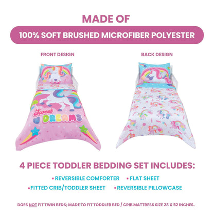 Todays Kids Unicorn Toddler Bedding Set for Girls - 4-Piece Toddler Bed Comforter Sets for Girls, Reversible Comforter & Pillowcase, Flat Sheet, Fitted Sheet, Breathable & Super Soft Microfiber