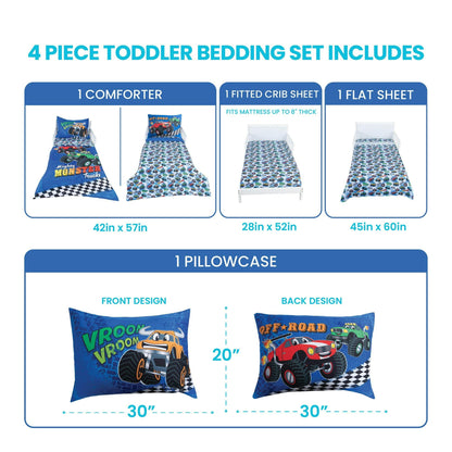 Todays Kids Monster Trucks Toddler Bedding Set for Boys - 4-Piece Toddler Bed Comforter Sets for Boys, Reversible Comforter & Pillowcase, Flat Sheet, Fitted Sheet, Breathable & Super Soft Microfiber