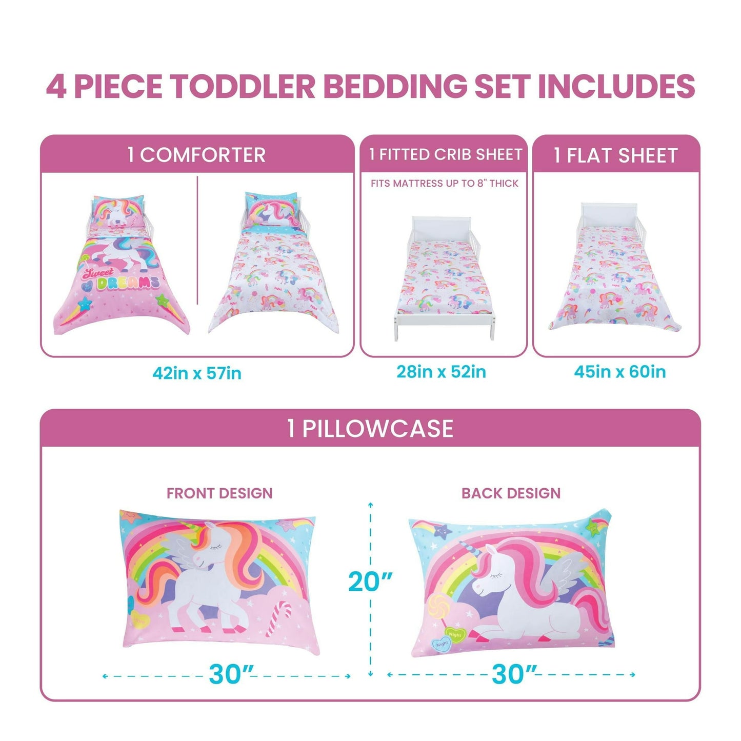 Todays Kids Unicorn Toddler Bedding Set for Girls - 4-Piece Toddler Bed Comforter Sets for Girls, Reversible Comforter & Pillowcase, Flat Sheet, Fitted Sheet, Breathable & Super Soft Microfiber