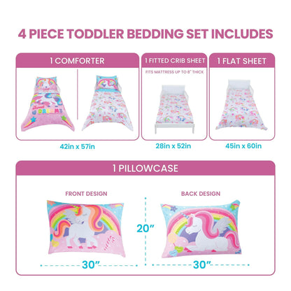 Todays Kids Unicorn Toddler Bedding Set for Girls - 4-Piece Toddler Bed Comforter Sets for Girls, Reversible Comforter & Pillowcase, Flat Sheet, Fitted Sheet, Breathable & Super Soft Microfiber