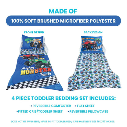 Todays Kids Monster Trucks Toddler Bedding Set for Boys - 4-Piece Toddler Bed Comforter Sets for Boys, Reversible Comforter & Pillowcase, Flat Sheet, Fitted Sheet, Breathable & Super Soft Microfiber