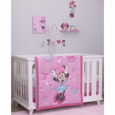 Disney Minnie Mouse 4-Piece Crib Bedding Set – All About The Bows Baby Girl Nursery Set with Comforter, Sheet & Decor